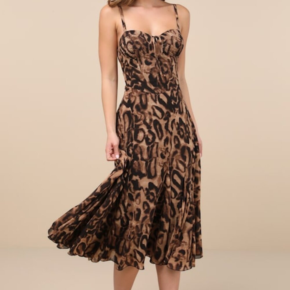 Lulus Enticing Invite Brown Leopard Print Pleated Midi Dress - Size S